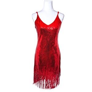 Red Sequin Fringe Mini Dress V-Neck 20's Flapper Style Spaghetti Strap Glitz S